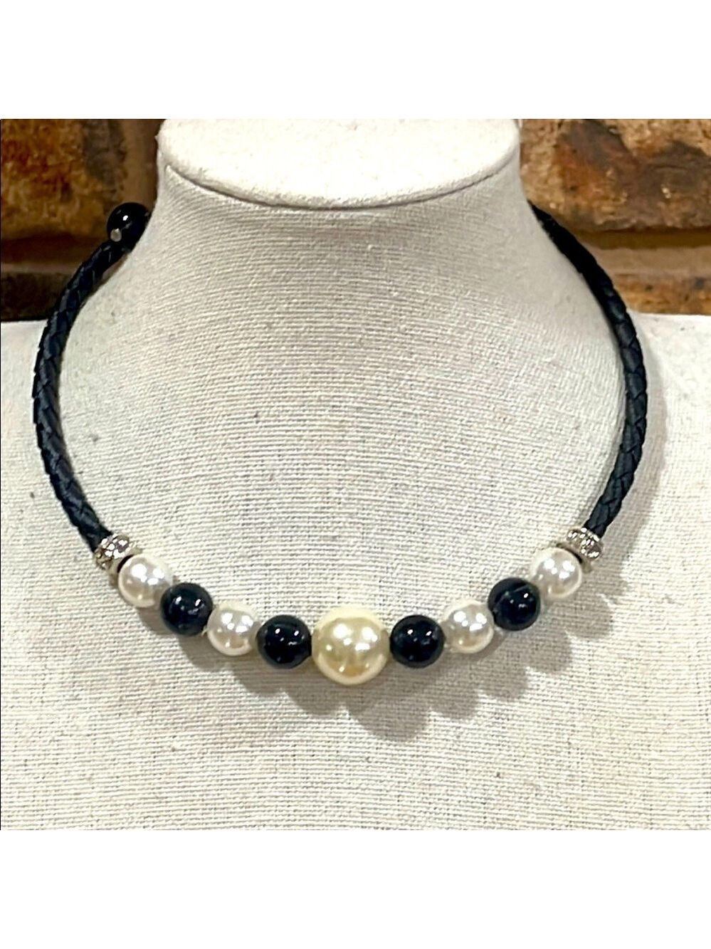 Vintage Braided leather and faux black and white pearl wrap necklace